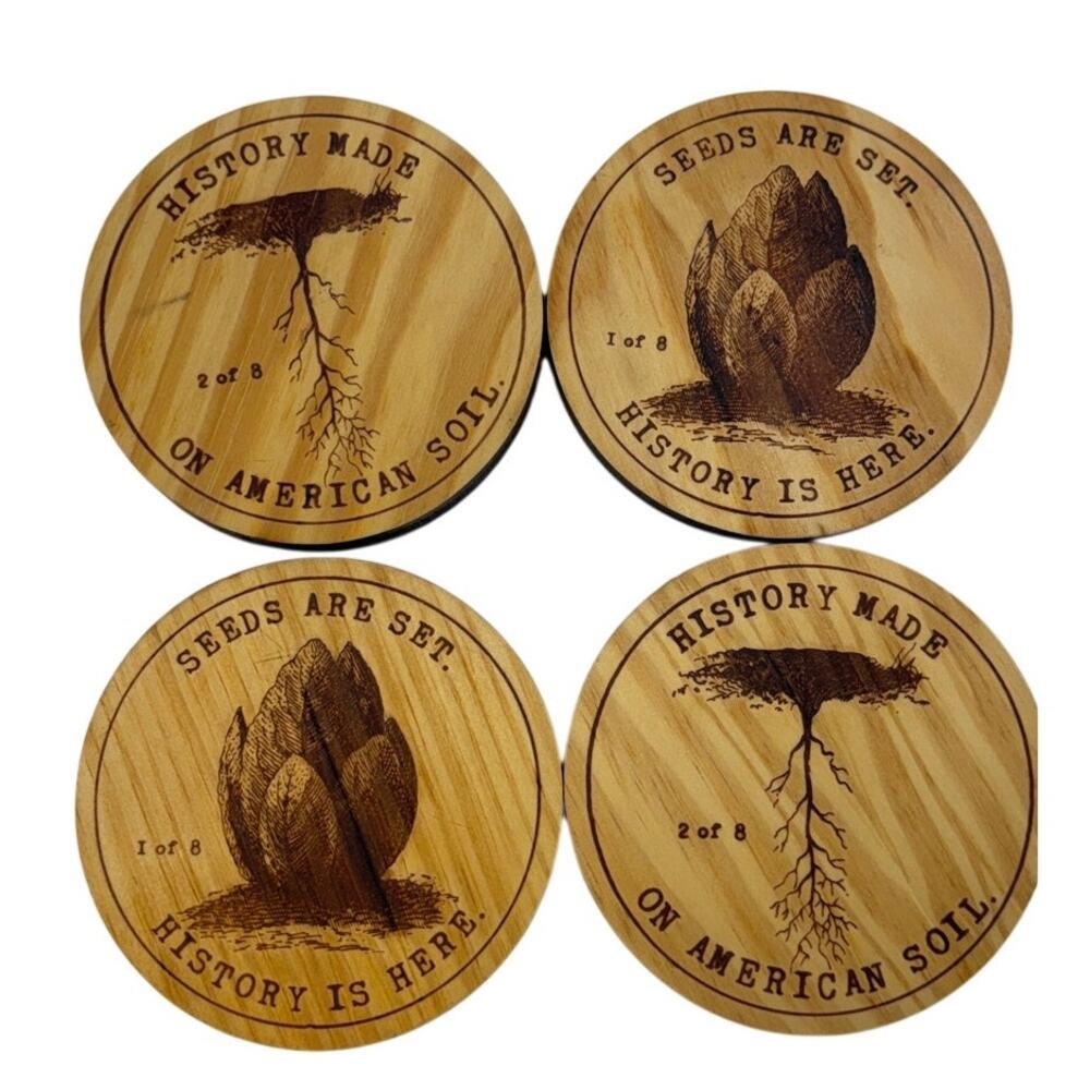 Copenhagen Wooden Coasters Set 4 Nature Print Solid Wood‎ Round USA Limited - Picture 2 of 4